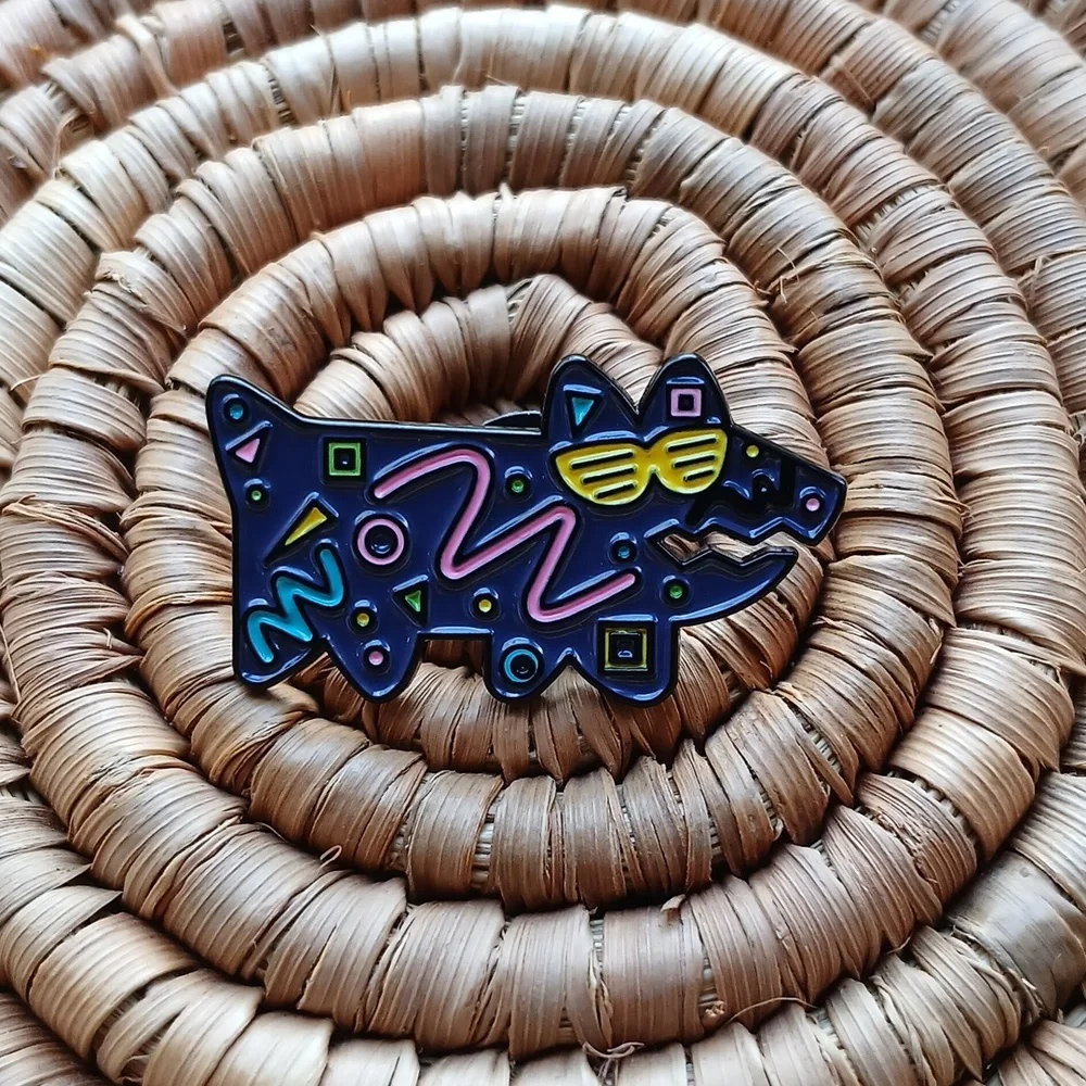 New Funky Pop Art Enamel 80's Dog Pin Purple, Pink, Blue & Yellow